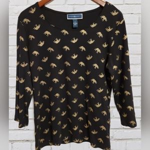 Karen Scott 3/4 Sleeve Black Top w/ Gold Elephant Print